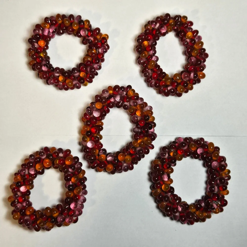 Vintage Set 5 Handcrafted Glass Bead Napkin Rings Red Amber Purple Cluster Decor